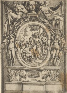 The Judgment of Paris, muž sedící vlevo se natahuje k ženě, která je lemována ..., ca. 1540-80. od Battista del Moro