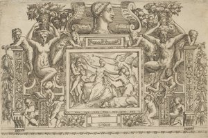 Žena sedící s nataženýma rukama, zosobnění slávy s trubkou vpravo,..., ca. 1540-80.
