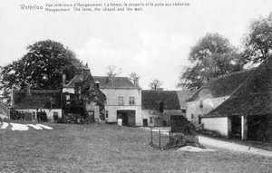 Farma Hougoumont, důležité strategické místo pro Wellington během bitvy u Waterloo, pamětní pohlednice, kolem roku 1912 (fotolitho)