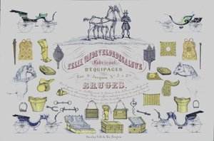 Reklama na Felix Van de Velde-Decaluwe, výrobce koňských povozů, Bruggy, Belgie (barevná litografie) od Belgian School
