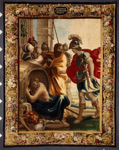 Diogenés a Alexandr: setkání řeckého filozofa Diogenése de Sinope (413-327 př. n. l.) v jeho sudu s králem Alexandrem Velikým (356-323 př. n. l.) v Korintu. Když se ho dobyvatel zeptal, co chce, Diogenés odpověděl: "Sundej mi trochu z mého slunce". Klepnět od Belgian School