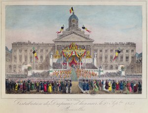 Rozdávání čestných vlajek v Bruselu 27. září 1832, 1832 (barevná rytina) od Belgian School