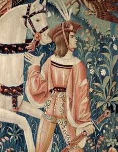 Středověk: počátek lovu sokola, na koni. Detail tapisérie z hedvábí a vlny z počátku 16. století. Z Hainaut. Paříž, Národní muzeum středověku, Thermes de Cluny od Belgian School