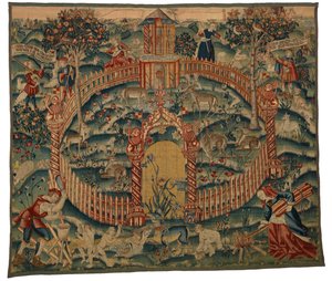 Tapetti, Park au Cerfs, valmistettu Tournaissa, Belgiassa, n. 1500 (villa) od Belgian School