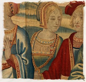 Fragment tapisérie zobrazující muže a ženu, vyrobený pravděpodobně v Bruselu, Belgie, začátek 16. století (vlna a hedvábí) od Belgian School