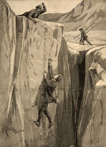 Turista visící v trhlině v Alpách, z „Le Petit Parisien“, 23. srpna 1891