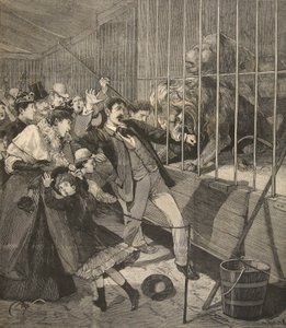 Návštěvník napaden lvem ve zvěřinci, z „Le Petit Parisien“, 12. dubna 1891