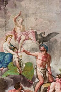 Alegorické zobrazení Olympu s Jupiterem, Ceresem a Vulkánem, detail Apoteózy práce, zemědělství, umění a věd (freska) od Benedetto Cotarti