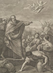 Mojžíš vlevo s Izraelity, kteří sbírají mannu, jak padá z nebe, dva andělé ab..., 1776 od Benedetto Eredi