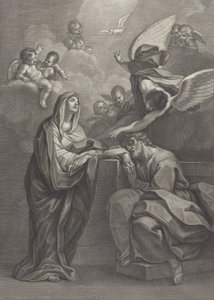 Deska 6: Sen svatého Josefa s Pannou Marií vlevo a andělem nahoře, který ukazuje ..., 1777 od Benedetto Eredi