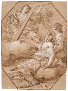Extáze svaté Máří Magdalény, kolem 1715-19 (pero a inkoust s hnědým lavírováním, zesílený bílou, s osmihrannými orámovacími liniemi hnědého inkoustu na položeném papíře)