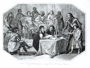 Hrabě z Pembroke představuje Jindřicha III. (1207-72) baronům, 1216 vyrytý Saundersem od Benezach
