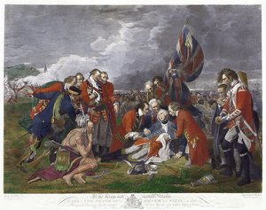 Smrt generála Wolfa" podle obrazu Benjamina Westa. James Wolfe (1727-1759), velitel britské armády, smrtelně zraněný při vítězství nad Francouzi v bitvě na Abrahamových pláních v Quebecu. Sedmiletá válka Kanada Francie
