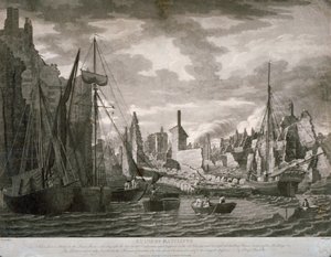 Pohled na oblast Ratcliffe, Londýn, ukazující ruiny po požáru z 23. července 1794 od Benjamin Burnell