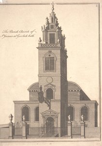 Farní kostel sv. Jakuba Garlickhythe, kolem roku 1750 (rytina)