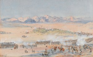 Postup 9. a 10. súdánského praporu egyptské armády v bitvě u Toski, 3. srpna 1889 (akvarel) od Benjamin Donisthorpe Alsop Donne