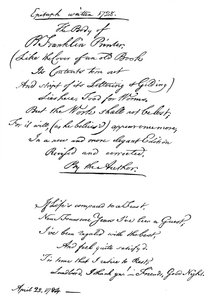 Epitaf Benjamina Franklina, který napsal sám, 1728, 1840