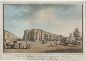Něvský prospekt (perspektiva Něvského) poblíž Velkého Gostinyho dvora a Městské dumy v Petrohradě - Benjamin Paterssen (1748-1815). Lept, akvarel, po 1802. Státní muzeum historie Petrohradu od Benjamin Patersson