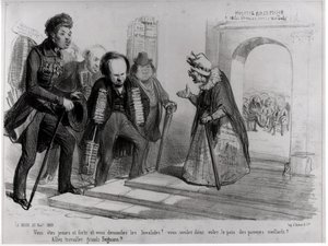 Dumas, Hugo et Balzac usilující o přijetí na Francouzskou akademii, ilustrace z 