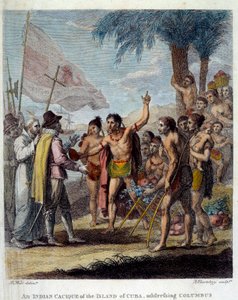 Indián Cacique z ostrova Kuba vítá Kryštofa Kolumba (1451-1506) a evropské vojenské a církevní představitele, aby diskutovali o vytvoření nového státu. Frontispice „Občanské a obchodní historie britských kolonií W od Benjamin West