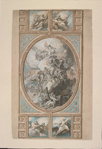 Design pro stropní výzdobu královské kaple, zámek Windsor (recto), kolem roku 1779 (černá křída, pero a hnědý inkoust a akvarel, zvýrazněný nádechem bílé, šedé a modré barvy těla a hnědého mytí od Benjamin West