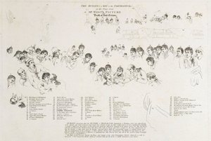 Náčrtek identifikující postavy vystupující ve filmu "Smrt Horatia Nelsona (1758-1805)" od Benjamin West