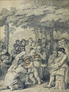 Indiáni přinášející anglické zajatce plukovníku Bouquetovi poblíž jeho tábora u lidí z Muskingumu v Severní Americe v listopadu 1764, kolem roku 1769 (inkoust a mytí na papíře) od Benjamin West