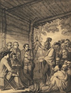 Indiáni mluví s plukovníkem Bouquetem na konferenci u požáru rady poblíž jeho tábora na břehu Muskingum v Americe v říjnu 1764, 1765 od Benjamin West