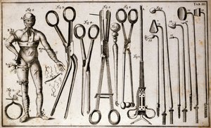 Různé typy kleští a chirurgických nástrojů. Muž na sobě různé druhy turnitů a obvazů. Deska chirurgie ilustrovaná Benoistem Louisem Prevostem (1735-1809). 18. století