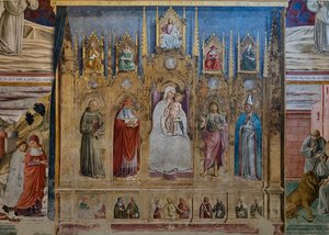 Falešný polyptych s Pannou Marií a dítětem, sv. Antonínem Paduánským, sv. Jeronýmem, sv. Janem a sv. Ludvíkem z Toulouse, kaple sv. od Benozzo di Lese di Sandro Gozzoli