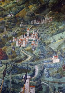 Hrady, detail krajiny z Procesí tří králů od Benozzo di Lese di Sandro Gozzoli