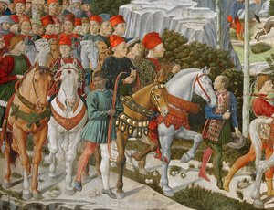 Galeazzo Maria Sforza, vévoda z Milána (1444-76), krajní levice, na hnědém koni a Sigismondo Pandolfo Malatesta, vládce Rimini (1417-68) vedle něj na šedém koni, detail z Cesty M od Benozzo di Lese di Sandro Gozzoli