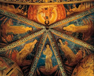 Itálie, Montefalco, Klenba apsidy kostela svatého Františka Malované svatými od Benozzo di Lese di Sandro Gozzoli