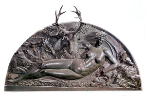 Nymfa z Fontainebleau Bas bronzový reliéf od Benvenuta Celliniho (1500-1571) z hradu Anet. 1542 Rozm. 409x205 cm Paříž, Musee du Louvre