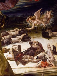Anděl a pastýři, detail z oltářního obrazu Narození Páně, autor Benvenuto di Giovanni (1436-ca 1518), malba na dřevě. od Benvenuto di Giovanni