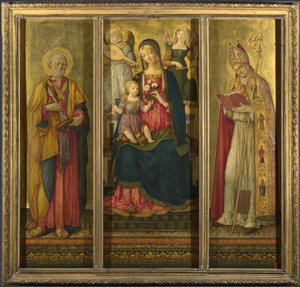 Panna a dítě se svatými Petrem a Mikulášem, 1479 od Benvenuto di Giovanni