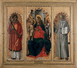 Triptych Panna s dítětem se svatým Leonardem (nebo Štěpánem) a svatým Bernardinem ze Sieny (olej na panelu