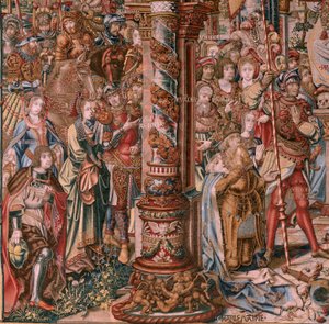 Vlámský gobelín. Seriál Vyznamenání. Víra (La Fe). První tapisérie v sérii. Modelové karikaturisty z okruhu Bernarda van Orleyho a Jana Gossaerta (Mabuse). Výroba Pieter van Aelst, Brusel. Cca 1550. Látka Zlato, stříbro, hedvábí a vlna.
