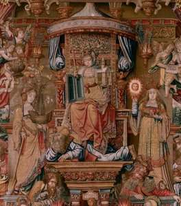 Vlámský gobelín. Seriál Vyznamenání. Víra (La Fe). První tapisérie v sérii. Modelové karikaturisty z okruhu Bernarda van Orleyho a Jana Gossaerta (Mabuse). Výroba Pieter van Aelst, Brusel. Cca 1550. Látka Zlato, stříbro, hedvábí a vlna.