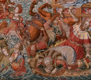 Vlámský gobelín. Seriál Vyznamenání. Fortune, cesta k vyznamenáním (La Fortuna, Camino de los Honores). Pátá tapisérie v sérii. Modelové karikaturisty z okruhu Bernarda van Orleyho a Jana Gossaerta de Mabuse. Výroba Pieter van Aelst, Brusse