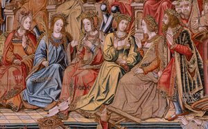 Vlámský gobelín. Seriál Vyznamenání. Honor (El Honor). Druhá tapisérie v sérii. Modelové karikaturisty z okruhu Bernarda van Orleyho a Jana Gossaerta (Mabuse). Výroba Pieter van Aelst, Brusel. Cca 1550. Látka Zlato, stříbro, hedvábí a vlna.