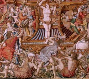 Vlámský gobelín. Seriál Vyznamenání. Hanba (La Infamia). Šestá tapisérie v sérii. Modelové karikaturisty z okruhu Bernarda van Orleyho a Jana Gossaerta (Mabuse). Výroba Pieter van Aelst, Brusel. Cca 1550. Látka Zlato, stříbro, hedvábí a vlna.