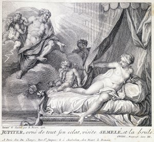 Jupiter (Zeus) spálí Semele svým bleskem. Rytina 18. století podle kresby B. Picarta z roku 1708. od Bernard (after) Picart