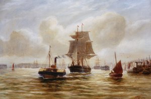 Parní remorkér tažení lodi u ústí Tyne