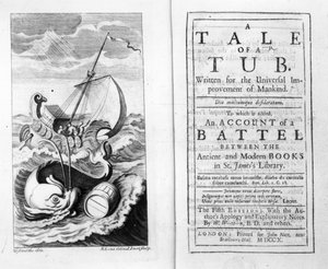 Frontispis a titulní strana k A Tale of a Tub od Jonathana Swifta, vyryto Johnem Sturtem, 1704 od Bernard II Lens
