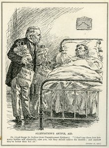 Dr Lloyd George navrhuje vyléčit postiženého z epidemie nezaměstnanosti pomocí čtyř lahví s horkou vodou, ‚Insurance Levy‘, ‚Relief Works‘, ‚Loans‘ a ‚Export Credits‘