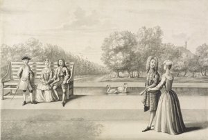 Postavy na břehu Long Water, palác Hampton Court (šedé omytí perem a inkoustem přes tužku na papíře)