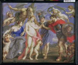 Mars uvedl Minerva k příležitosti, doprovázená Ceres, podle malby od Petera Paula Rubense (1577-1640) (barva těla a guma na pergamenu ovinuté kolem panelu)
