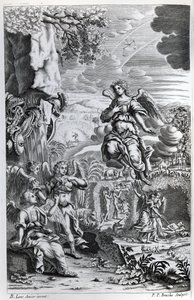 Archanděl Uriel informuje Gabriela, že Satan je v rajské zahradě, ilustrace z ‚Ztracený ráj‘ od Johna Miltona, vyrytý P.P Bouche, šesté vydání, 1695