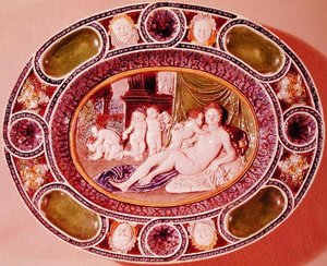 Oválný talíř zobrazující ženu představující plodnost (fajáns) od Bernard Palissy